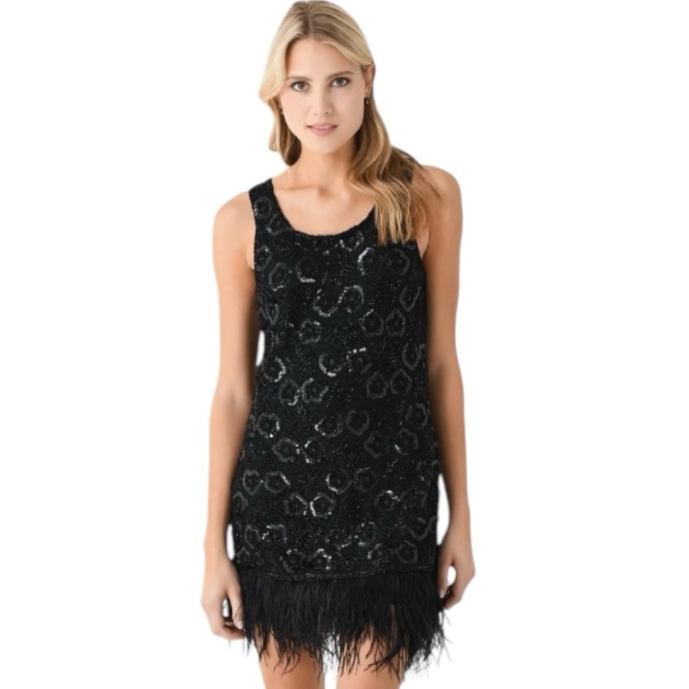 Sea New York Black Sequin Feather Hem Mini Dress